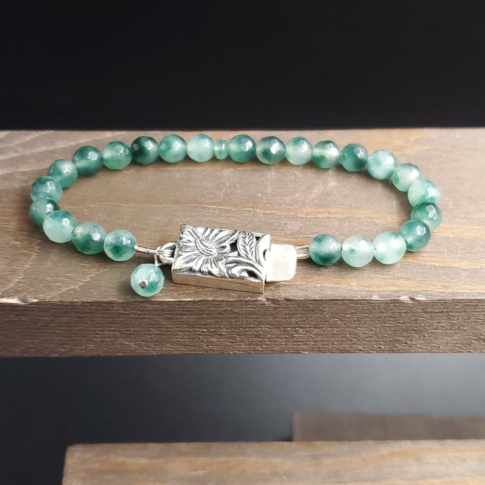 7 Inch Sterling Silver Green Moss Agate Stone And Floral Clasp Bracelet